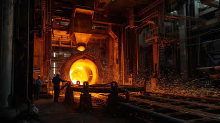 Industrielle Fertigung von Edelstahl in einer modernen Produktionshalle – zeigt Warmwalzprozess mit glühenden Edelstahlbändern und automatisierten Anlagen